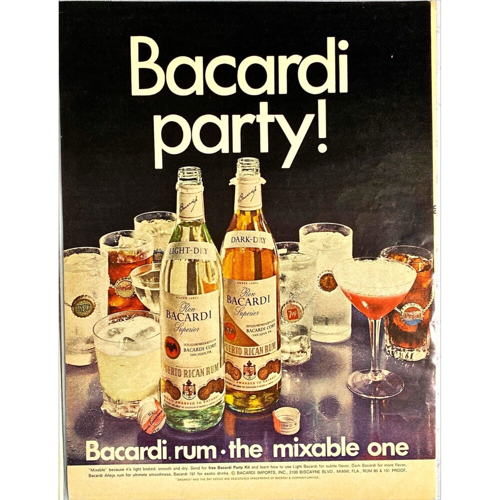 Bacardi Rum "the mixable one." "Bacardi Party!" Vintage Print Ad 1968